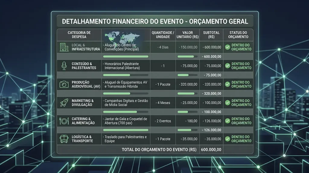 Tabela de detalhamento financeiro e orçamento geral para eventos corporativos, apresentando custos categorizados de infraestrutura, palestrantes, produção audiovisual, marketing, catering e logística.