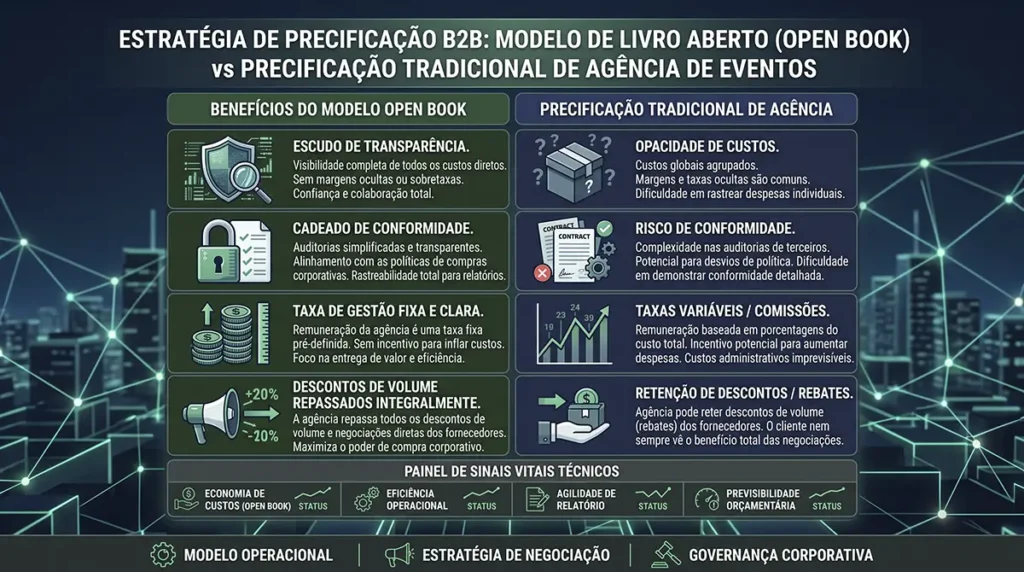 Infográfico das vantagens do modelo orçamentário Open Book em convenções corporativas, destacando transparência total de custos, compliance de compras, fee fixo de gestão e negociação direta de descontos.