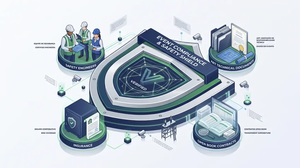 Ilustração conceitual em 3D sobre o checklist de compliance para eventos corporativos, destacando laudos técnicos ART, seguros e segurança de trabalho.